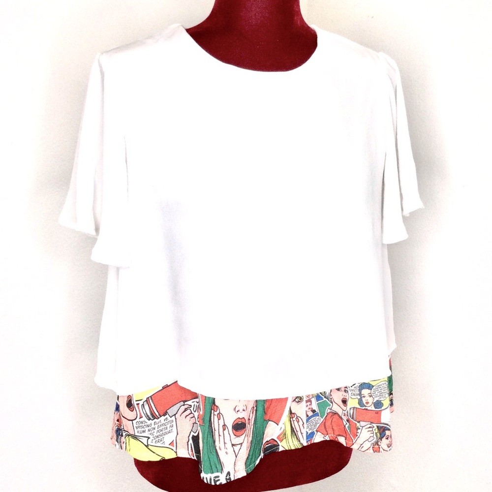 Souchi, Double Layer With Comic Strip, Short Sleeves, Round Neck Blouse Top.